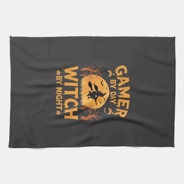 Gamer Witch Halloween Gaming Design Tea Towel (Horizontal)