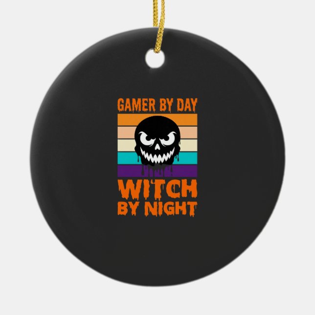 Gamer Witch Halloween Retro Skull Ceramic Tree Decoration (Front)