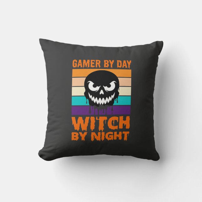 Gamer Witch Halloween Retro Skull Cushion (Front)