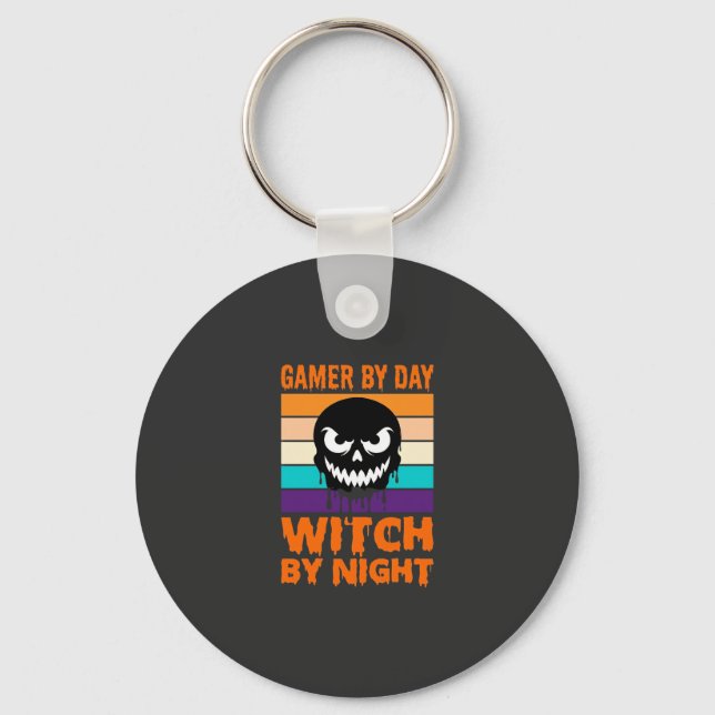 Gamer Witch Halloween Retro Skull Key Ring (Front)