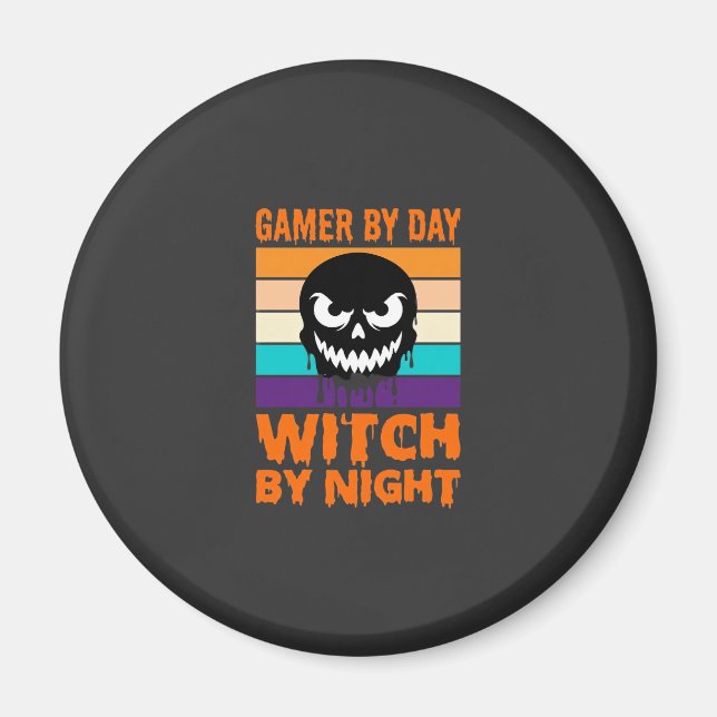 Gamer Witch Halloween Retro Skull Magnet (Front)