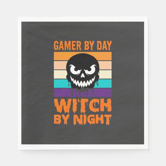Gamer Witch Halloween Retro Skull Napkin (Front)