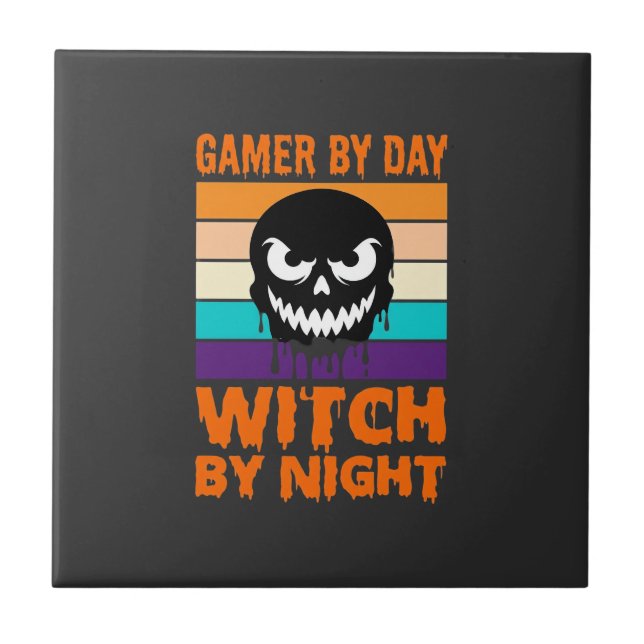 Gamer Witch Halloween Retro Skull Tile (Front)