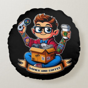 Games and coffee geek round cushion