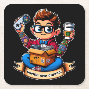 Games and coffee geek square paper coaster