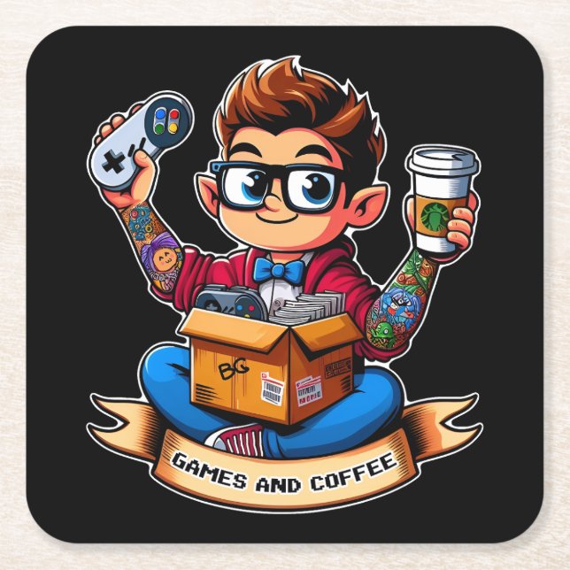 Games and coffee geek square paper coaster (Front)