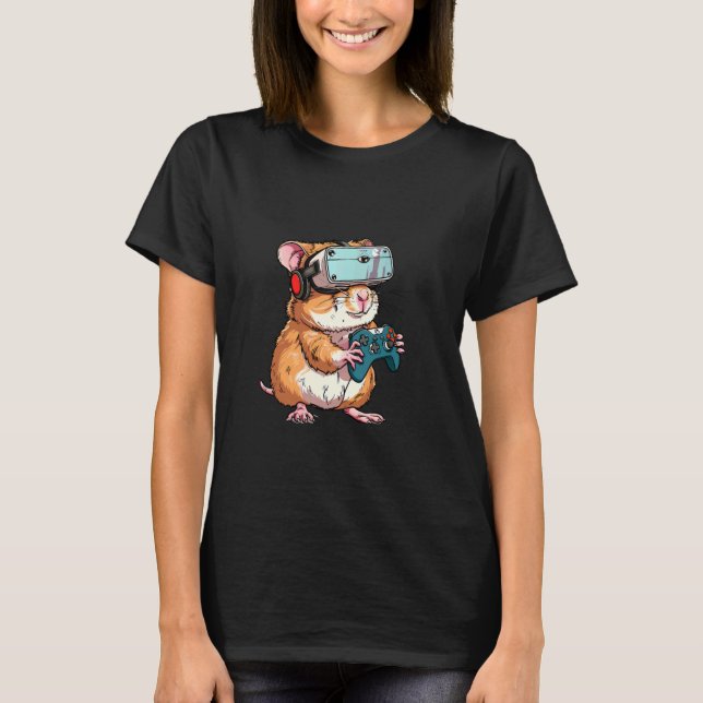 Gaming Animals- Hamster Playing Console Video Game T-Shirt (Front)
