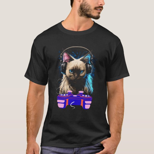 Gaming Balinese Cat Player Animal Video Gamer Men  T-Shirt (Front)