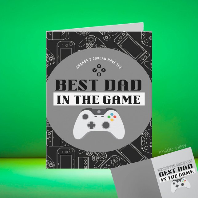 Gaming Best Dad in the Game Personalised Folding Card (Best Dad in the Game Black, White, Grey Video Game Folding Greeting Card for Birthday / Father's Day)