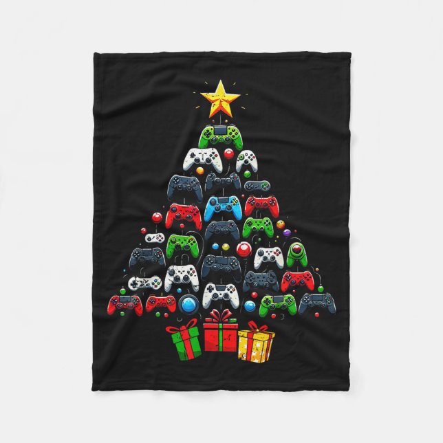 Gaming Controllers Christmas Tree Funny Gamer Boys Fleece Blanket (Front)