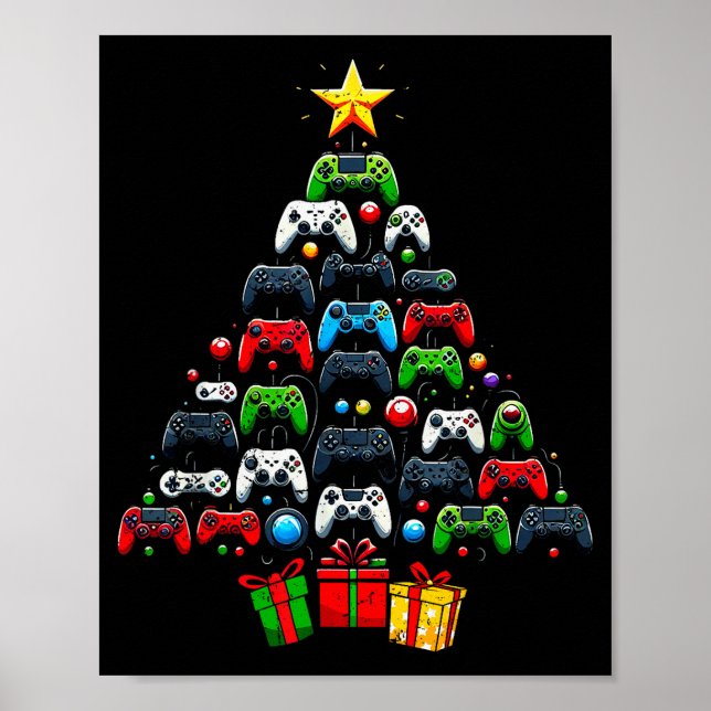 Gaming Controllers Christmas Tree Funny Gamer Boys Poster (Front)