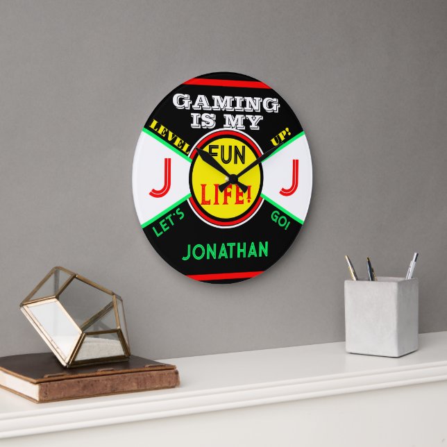 Gaming Fun Life Room Name Black Yellow Green Large Clock (Office)