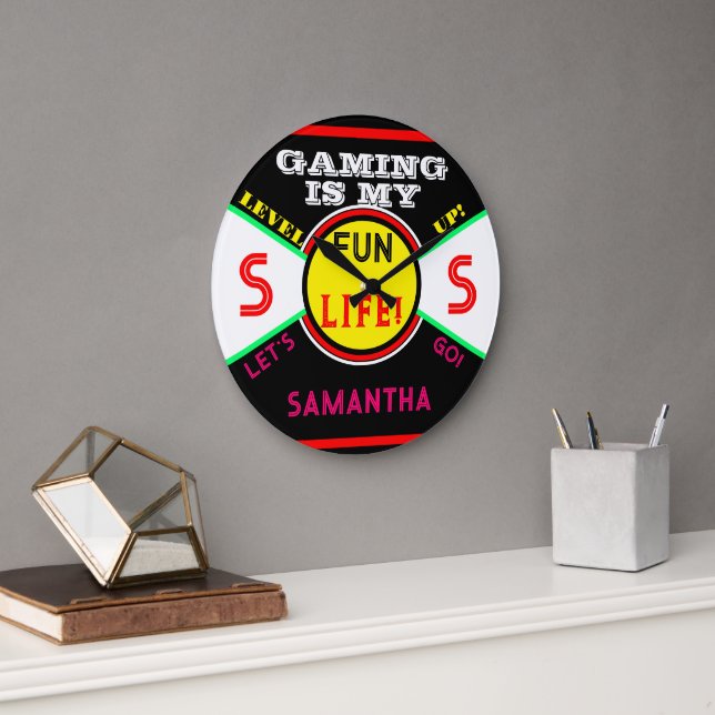 Gaming Fun Life Room Name Black Yellow Pink Large Clock (Office)