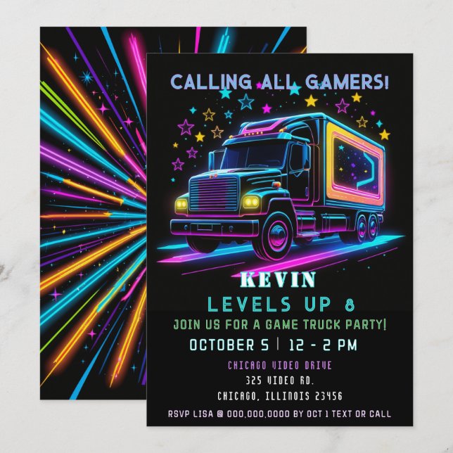 Gaming Fun Neon Glow Game Truck Birthday Invitation (Front/Back)