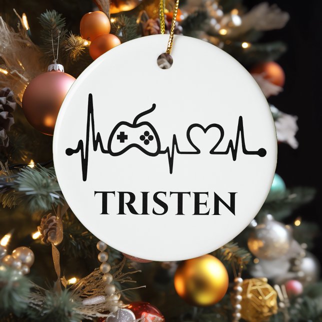 Gaming Gamer Heartbeat Monogram Name  Ceramic Tree Decoration (Creator Uploaded)