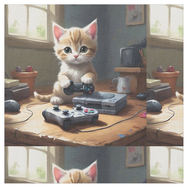 Gaming Kitty Cat Playing Video Games, Fabric (Close Up)