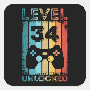 Gaming Level 34 Unlocked 34th Birthday Gift Gamer Square Sticker