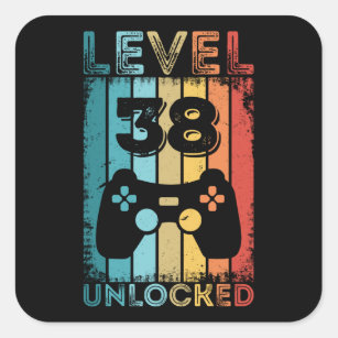 Gaming Level 38 Unlocked 38th Birthday Gift Gamer Square Sticker
