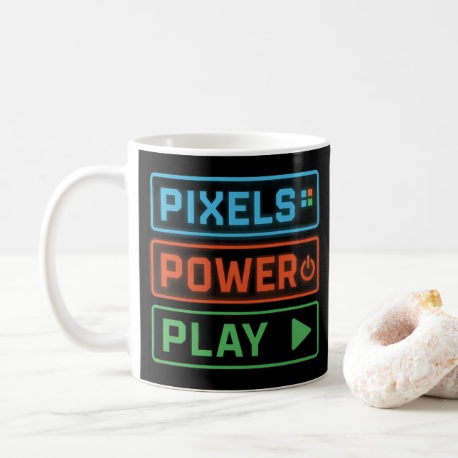 Gaming Mug – Pixels Power Play Neon Coffee Cup (With Donut)