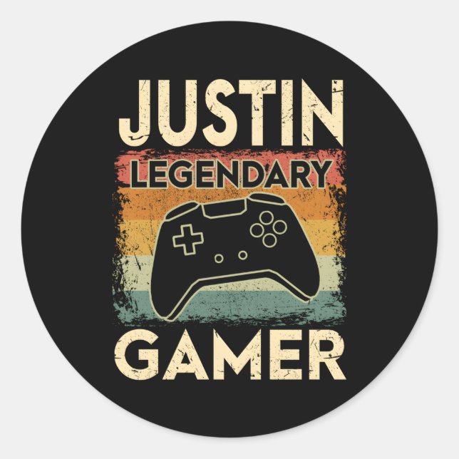 Gaming Personalised Name Justin Legendary Gamer Classic Round Sticker (Front)