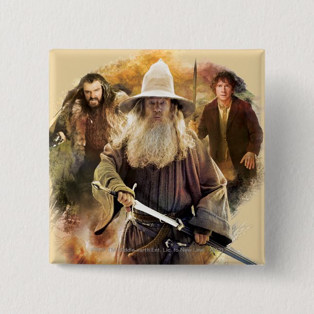 Gandalf, THORIN OAKENSHIELD™, & BILBO BAGGINS™ 15 Cm Square Badge (Front)