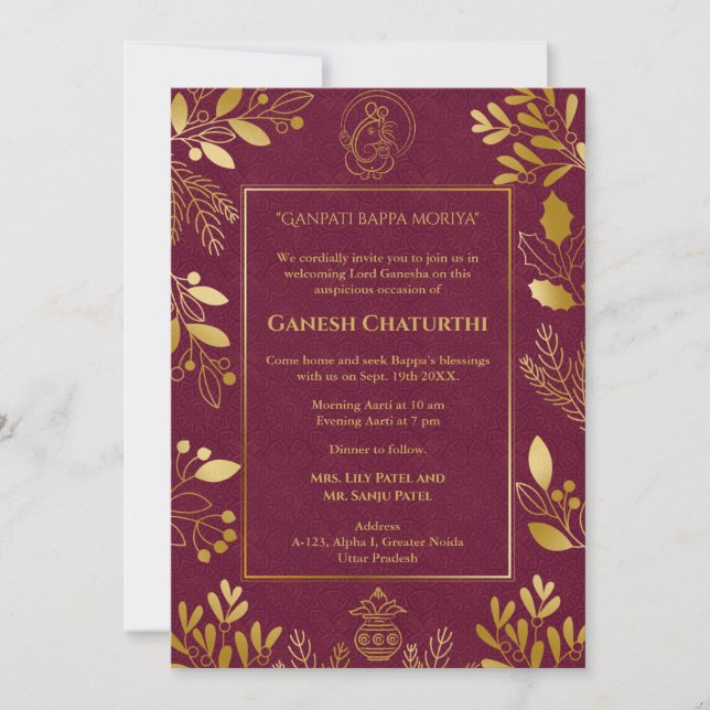 Ganesh Chaturthi Puja Golden Elements Invitation (Front)