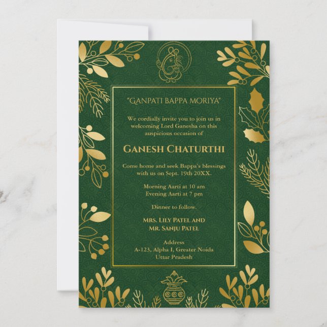 Ganesh Chaturthi Puja Golden Elements Invitation (Front)