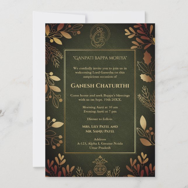 Ganesh Chaturthi Puja Golden Elements Invitation (Front)