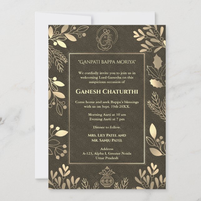 Ganesh Chaturthi Puja Golden Elements Invitation (Front)
