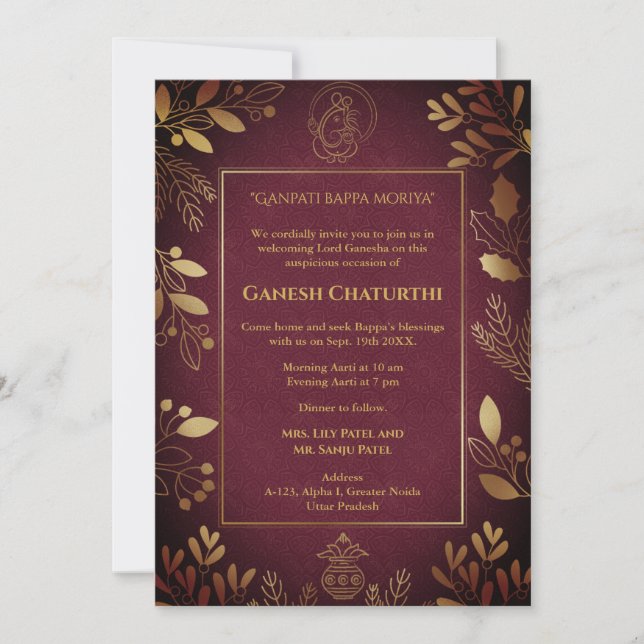 Ganesh Chaturthi Puja Golden Elements Invitation (Front)
