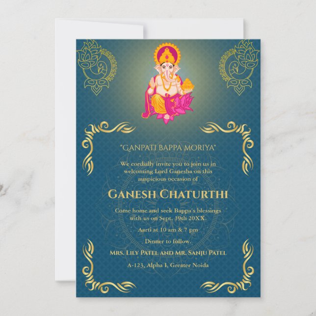 Ganesh Chaturthi Puja Roya Golden Elements Invitation (Front)