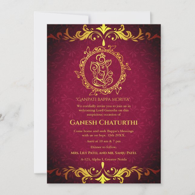 Ganesh Chaturthi Puja Roya Golden Elements Invitation (Front)