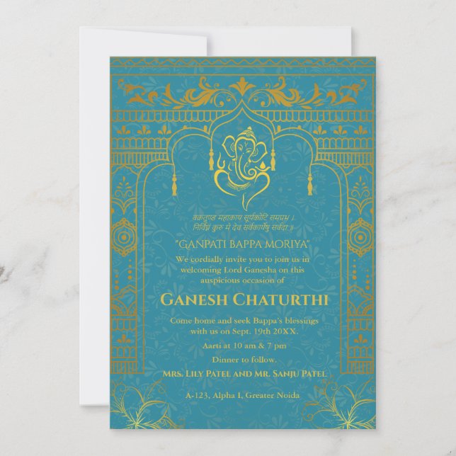Ganesh Chaturthi Puja Roya Golden Elements Invitation (Front)