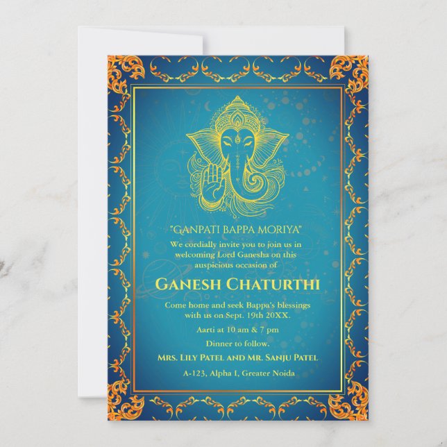 Ganesh Chaturthi Puja Roya Golden Elements Invitation (Front)
