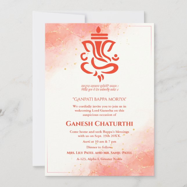 Ganesh Chaturthi Puja Sindoor Red Invitation (Front)