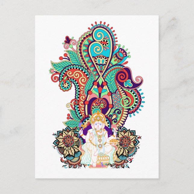 Ganesh Elephant God Colourful Paisley Postcard (Front)