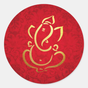 Ganesh   Ganpati   Indian God Damask Red Classic Round Sticker