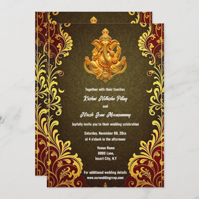 Ganesh gold green Indian traditional Hindi Hindu Invitation (Front/Back)