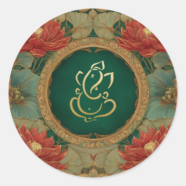 Ganesh Wedding | Indian Wedding Pink Lotus Green Classic Round Sticker (Front)