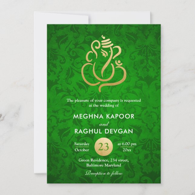 Ganesha/Indian Faux Gold Foil Green Damask Wedding Invitation (Front)