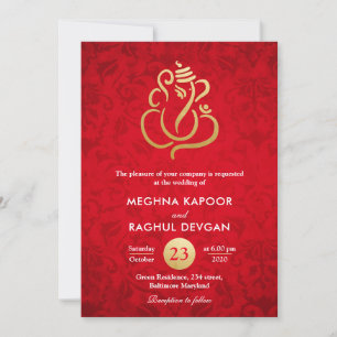 Ganesha/Indian Faux Gold Foil Red Damask Wedding Invitation