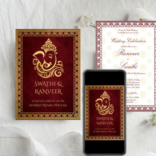 Ganesha maroon and gold Indian wedding Invitation (Ganesha maroon and gold elegant traditional Indian wedding Invitation cards with RSVP template)