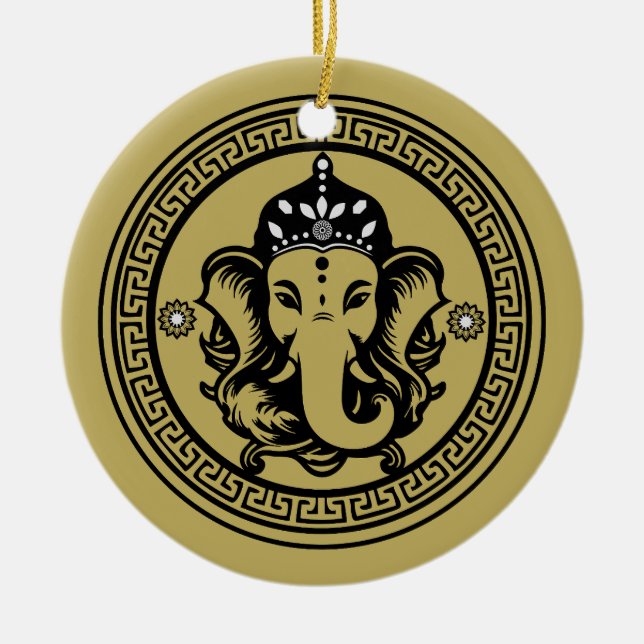 Ganesha Themed Hindu Art Print Ceramic Tree Decoration (Front)
