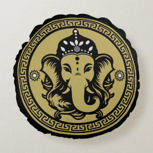 Ganesha Themed Hindu Art Print Round Cushion