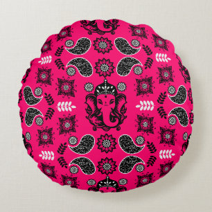 Ganesha Themed Hindu Art Print Round Cushion