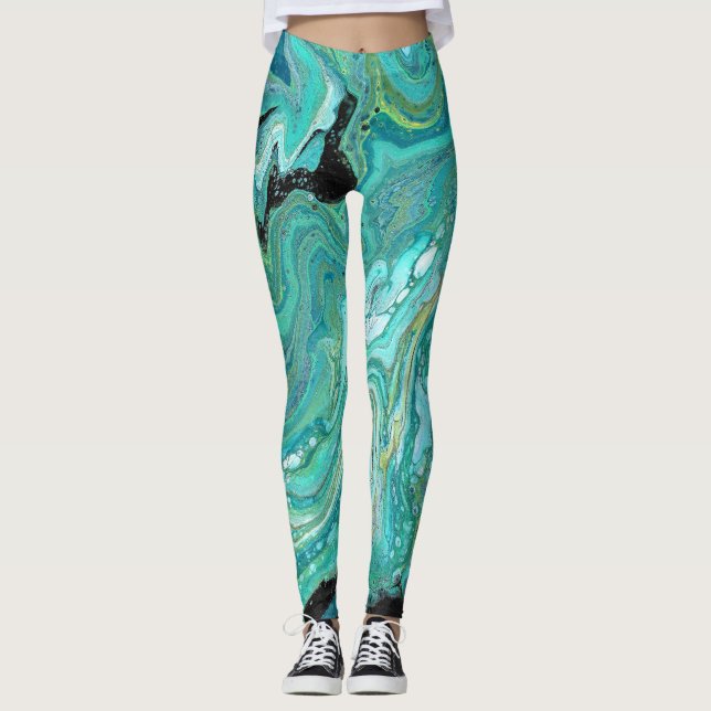 Gangs Back 1 Liquid Green Abstract Leggings (Front)