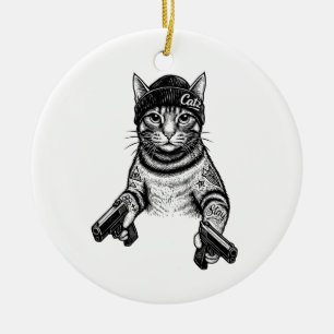 Gangster Cat Tattoo Art   Cool Streetwear Kitty Ceramic Tree Decoration