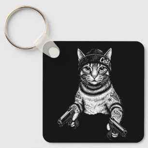 Gangster Cat Tattoo Art Cool Streetwear Kitty Key Ring
