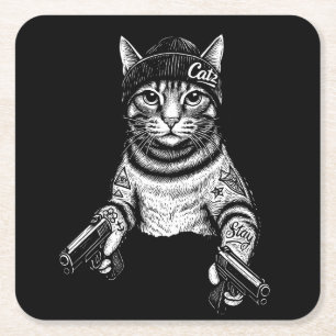 Gangster Cat Tattoo Art   Cool Streetwear Kitty Square Paper Coaster