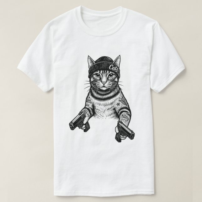 Gangster Cat Tattoo Art | Cool Streetwear Kitty T-Shirt (Design Front)
